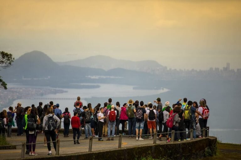 Turistas na estrada: Caminhos do Mar cercada pela exuberante Mata Atlântica.