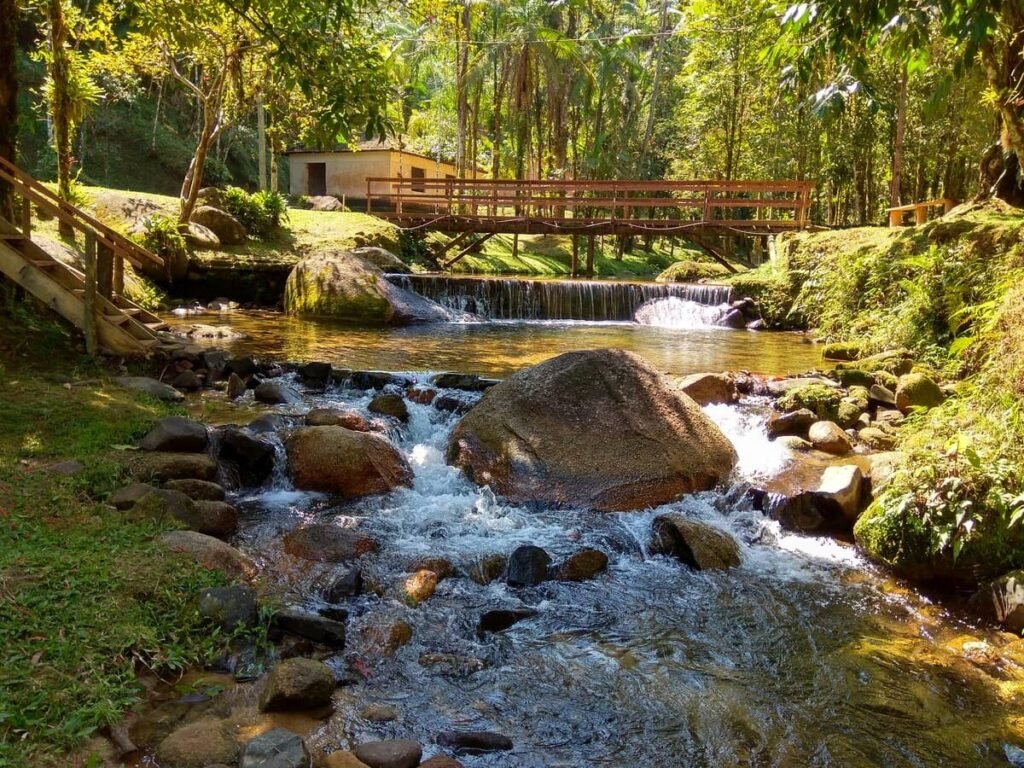 Vista panorâmica das exuberantes florestas de Mata Atlântica em Sete Barras, destacando trilhas e áreas de ecoturismo.
