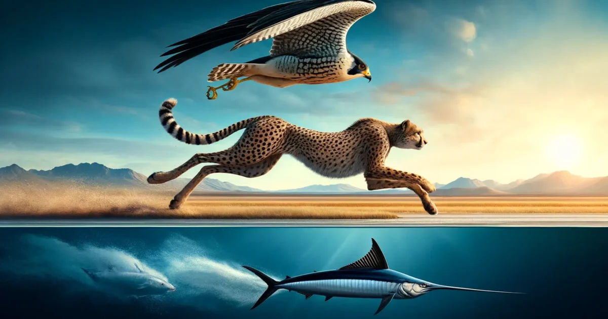 Os Animais mais rápidos do mundo: Guepardo, martim-preto e Falcão-peregrino.