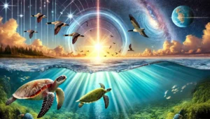 Uma variedade de animais migratórios, incluindo aves, peixes e mamíferos, ilustrando os mistérios da migração animal.