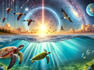 Uma variedade de animais migratórios, incluindo aves, peixes e mamíferos, ilustrando os mistérios da migração animal.