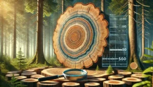 Anéis das árvores mostrando variações de crescimento que indicam mudanças climáticas ao longo do tempo.